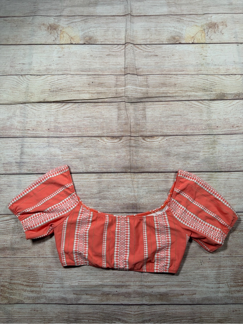 Lemlem Coral and‎ White Off-Shoulder Bikini Top